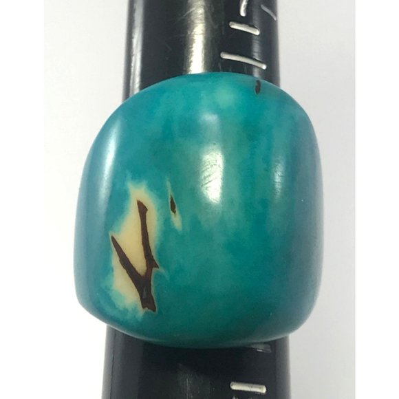 Turquoise Tagua Nut Ring Sustainable Vegan Ivory Handmade Boho Organic Sz 8.75 - Picture 5 of 8